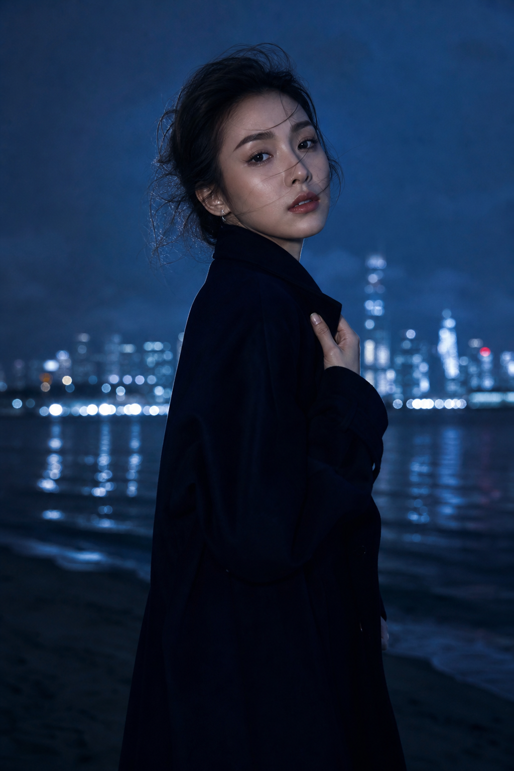 夜色海边的深蓝近景人像。