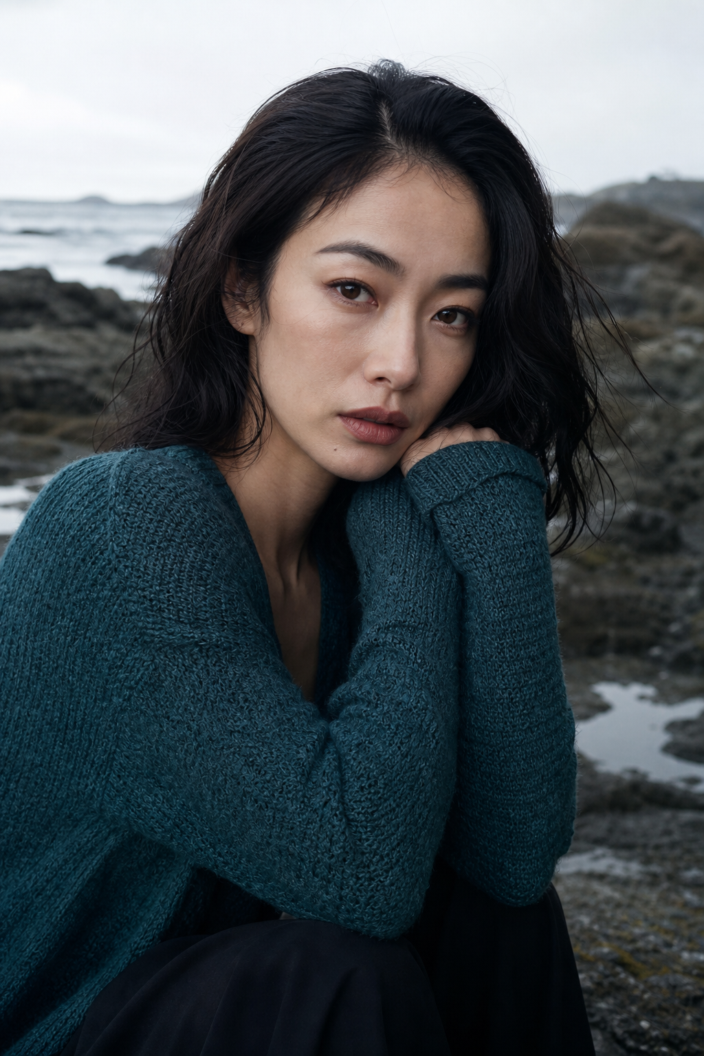 低饱和海边人像与极近距离的眼神。