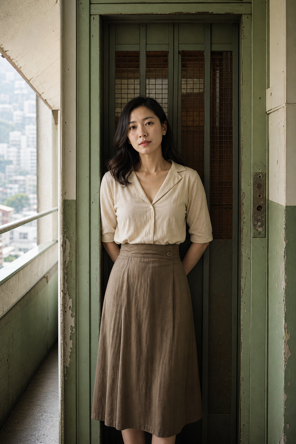 老式楼道、绿色墙面、安静站立的人像。